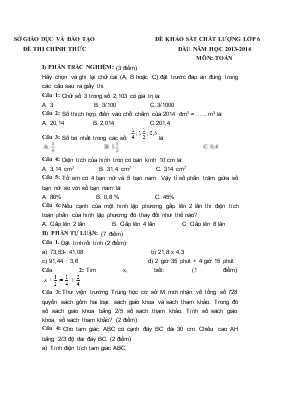 Đề khảo sát chất lượng lớp 6 đầu năm học 2013-2014 Môn Toán